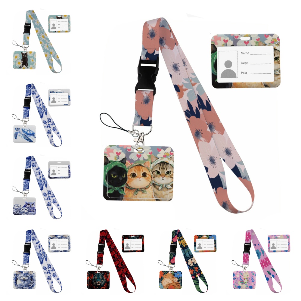 Lanyard Badge Holder - Çiçeklerin içindeki küçük hayvanlar Baskılı Kurdele